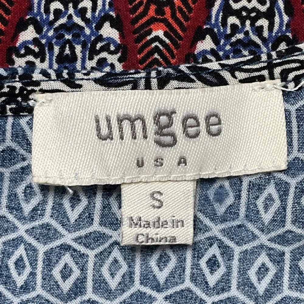 Umgee Tunic Mini Dress Women Small Blue Geometric Chevron Boho Ruffle Sleeveless